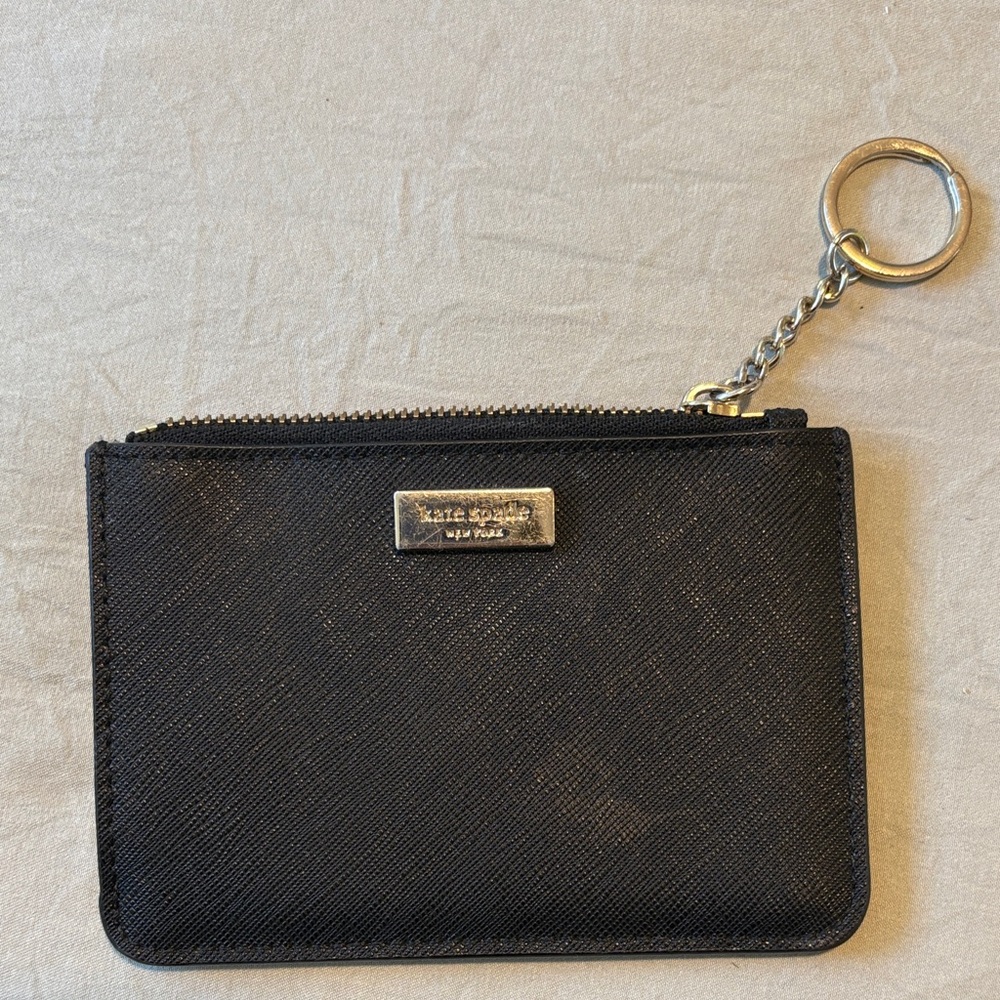kate spade black saffiano zip card case with gold-tone keyring